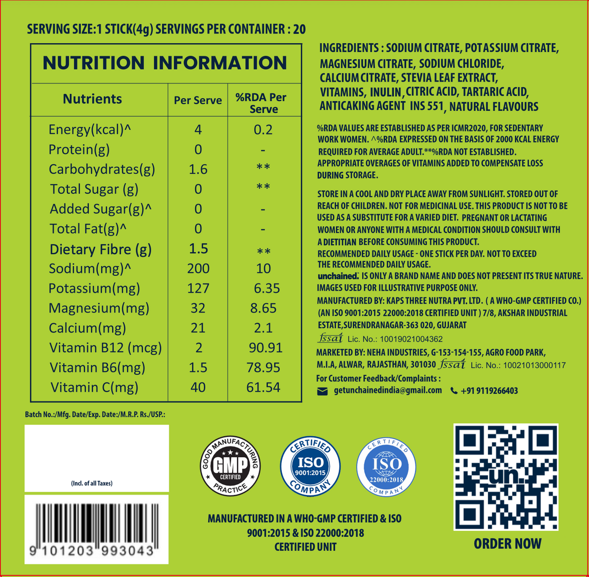 Nutrition information and ingredients label on the back of the Unchained Lime electrolyte drink mix box