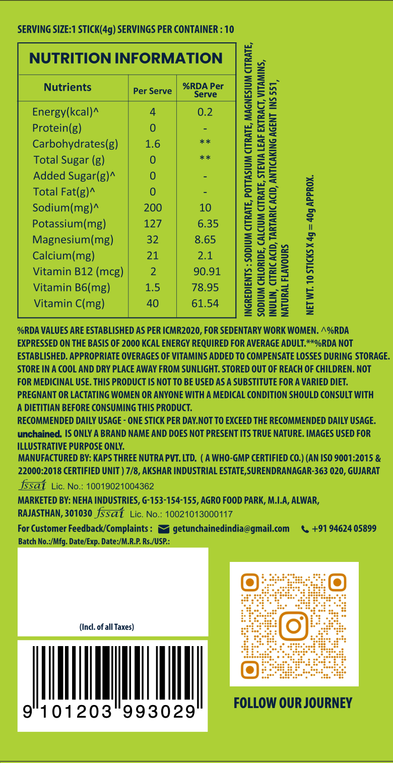 Nutrition information and ingredients label on the back of the Unchained Lime electrolyte drink mix box