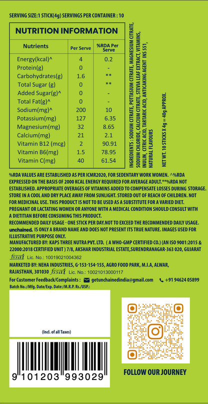 Nutrition information and ingredients label on the back of the Unchained Lime electrolyte drink mix box