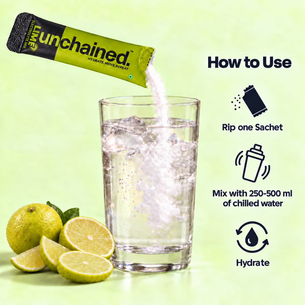 How to use Unchained Lime electrolyte drink mix: rip one sachet and mix with 250-500 ml of chilled water