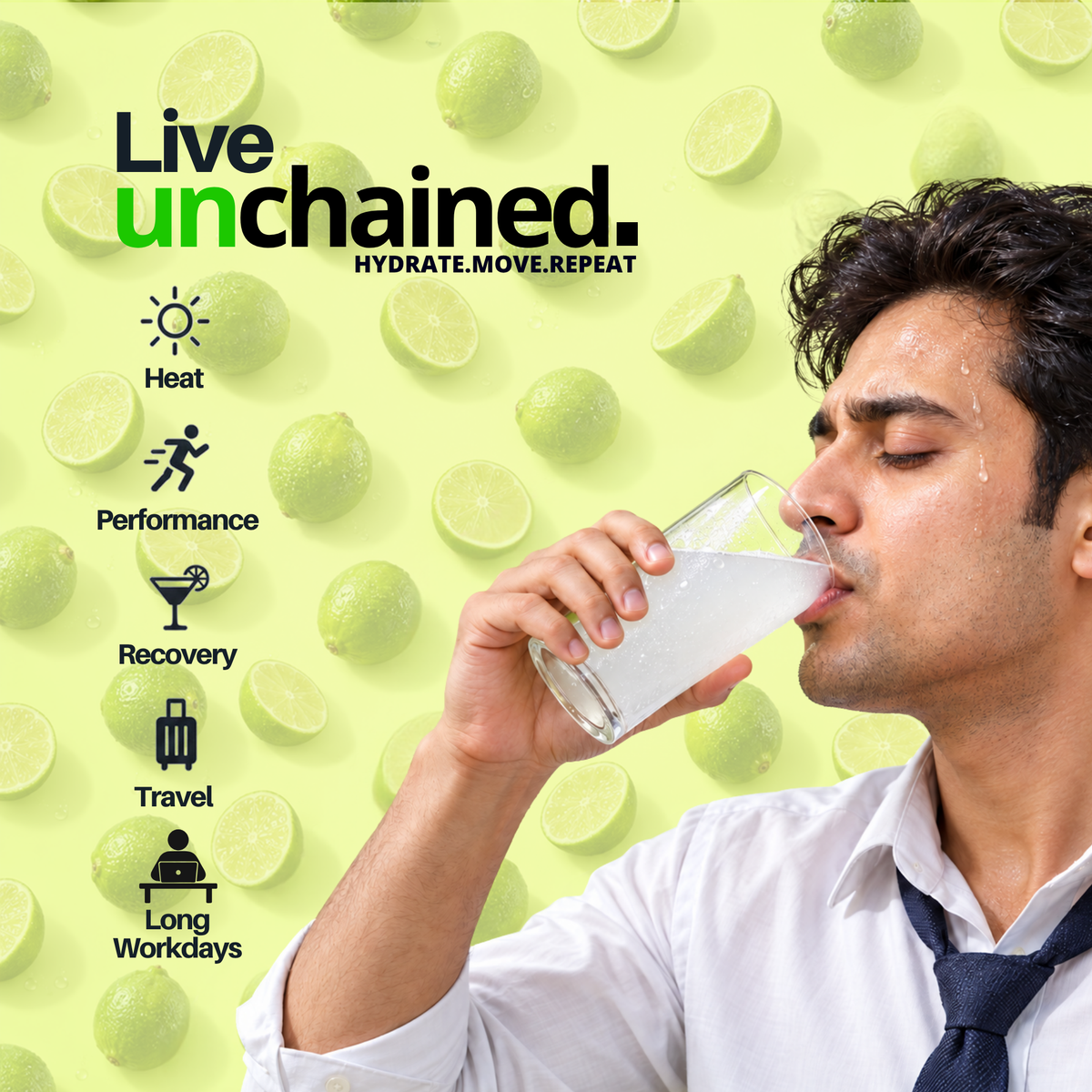 Man drinking a glass of Unchained Lime electrolyte drink mix for everyday hydration