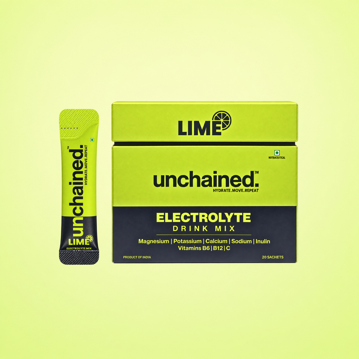 Unchained Lime electrolyte drink mix stick next to its 20-stick box on a lime green background