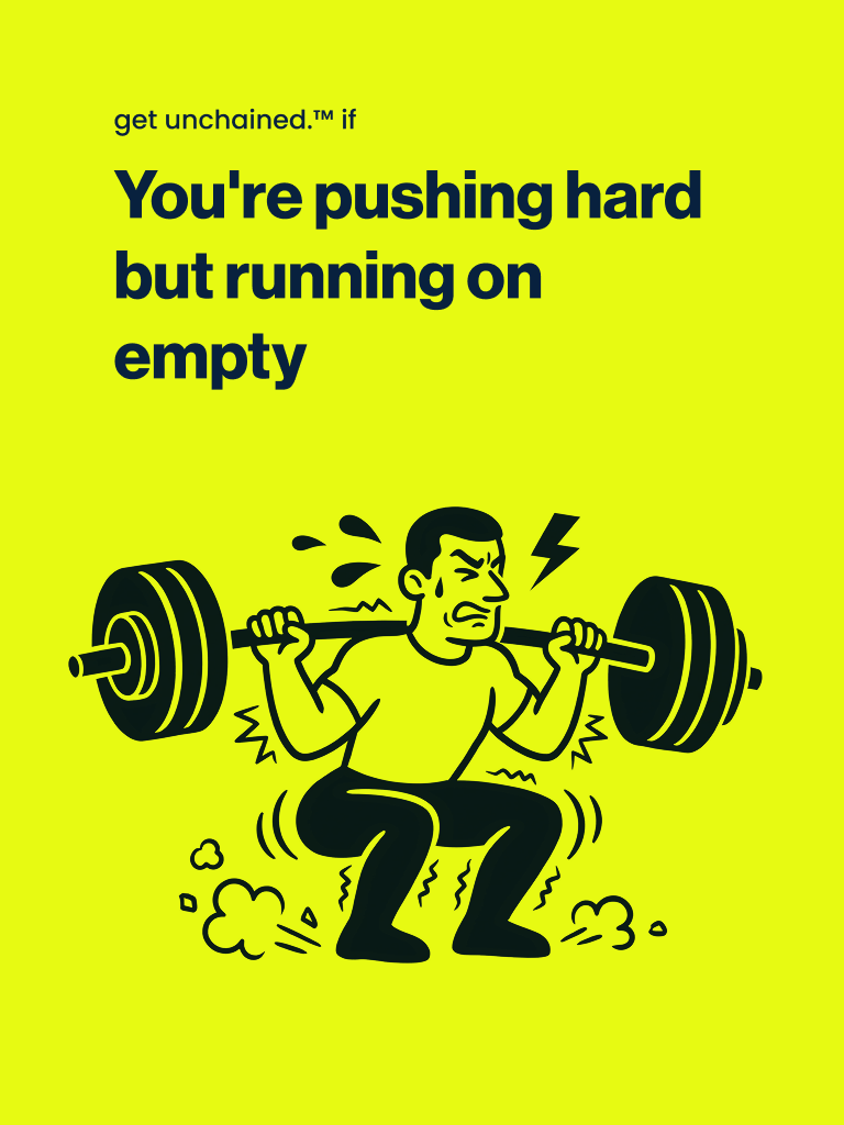 Motivational poster with a graphic of a person lifting weights and text on a yellow background mobile version liveunchained.