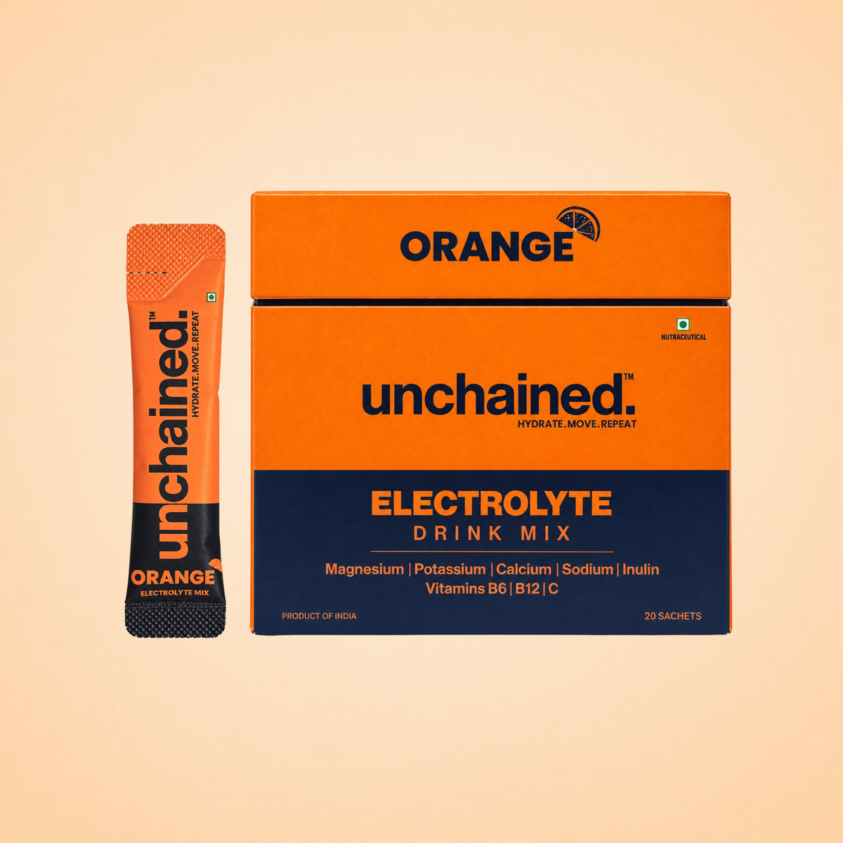 Unchained Orange Electrolyte Drink Mix 20-stick family pack box with a single electrolyte stick