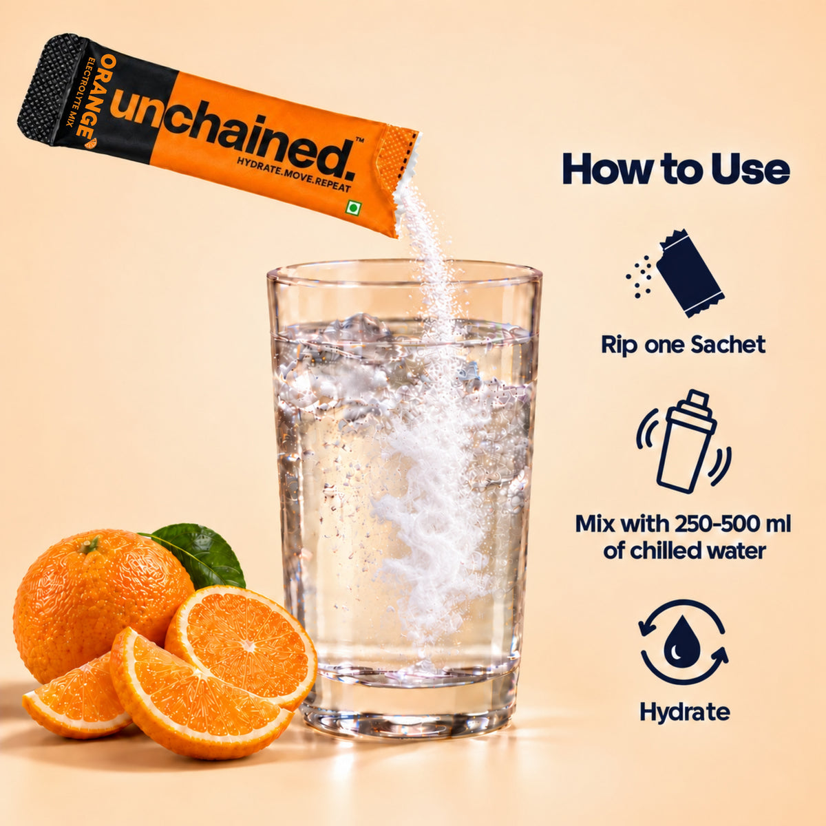 How to use Unchained Orange electrolyte drink mix: rip one sachet and mix with 250-500 ml of chilled water