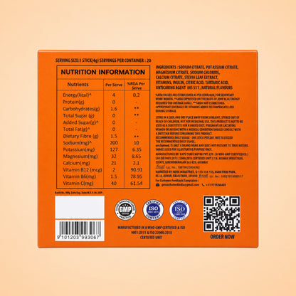 Nutrition information and ingredients label on the back of the Unchained Orange electrolyte drink mix box