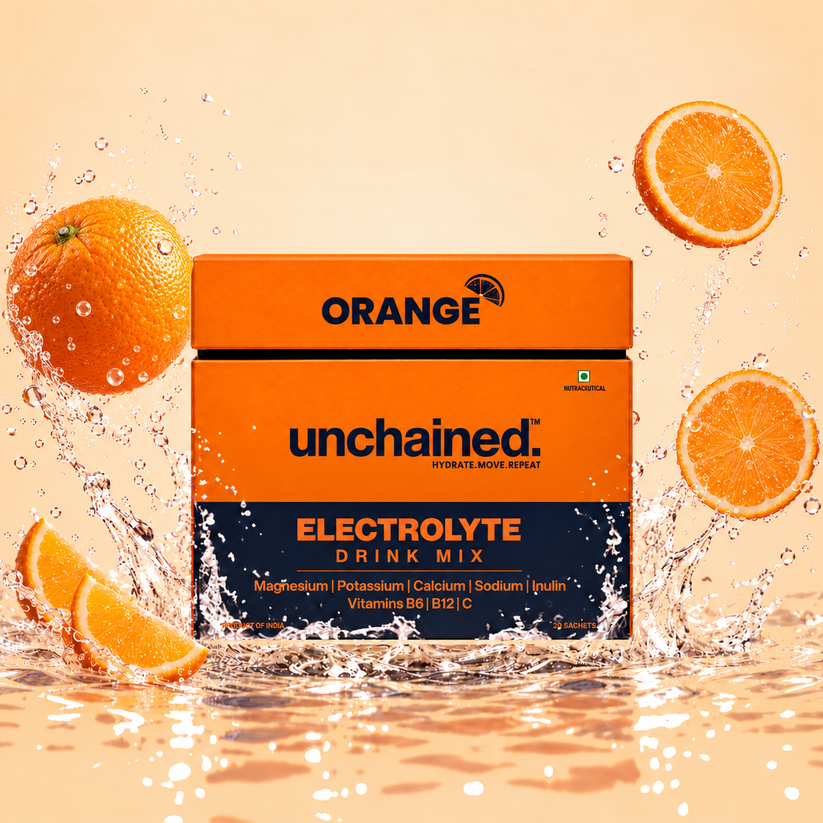 Unchained Orange Electrolyte Drink Mix box surrounded by fresh orange slices and water splash