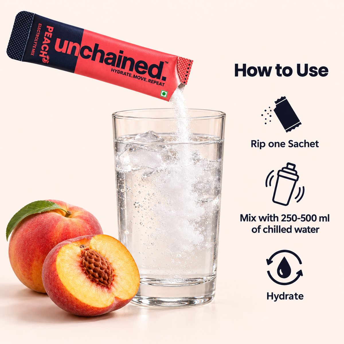 How to use Unchained Peach electrolyte drink mix: rip one sachet and mix with 250-500 ml of chilled water