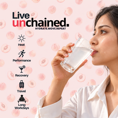 Woman drinking a glass of Unchained Peach electrolyte drink mix for everyday hydration