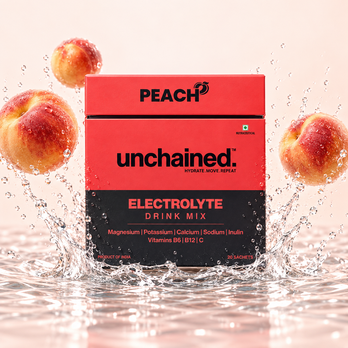 Unchained Peach Electrolyte Drink Mix box surrounded by fresh peaches and water splash