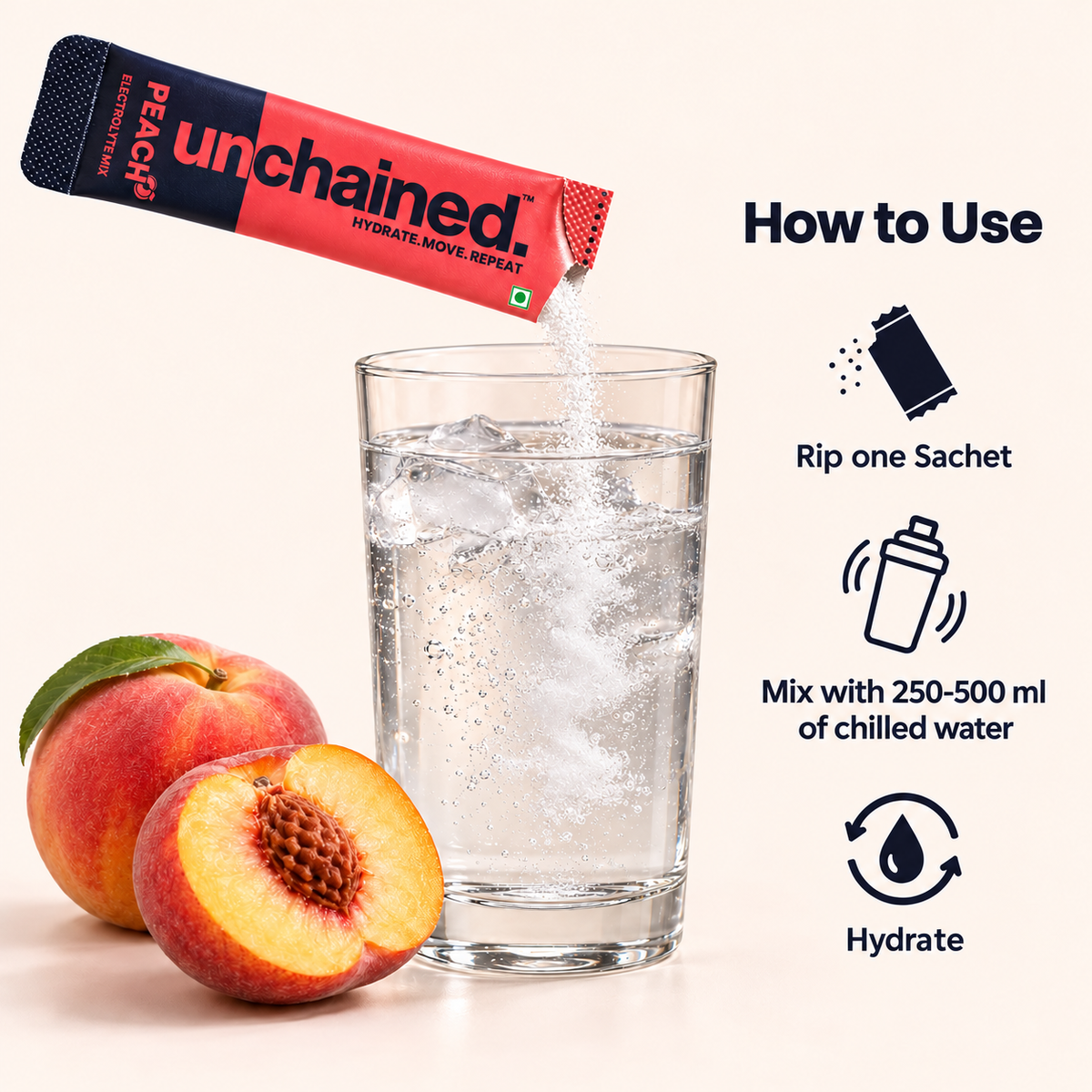 How to use Unchained Peach electrolyte drink mix: rip one sachet and mix with 250-500 ml of chilled water