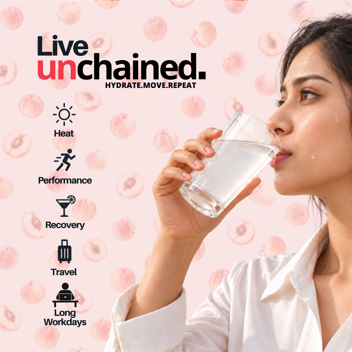 Woman drinking a glass of Unchained Peach electrolyte drink mix for everyday hydration