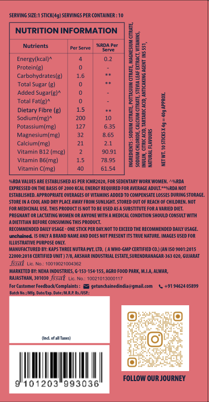 Nutrition information and ingredients label on the back of the Unchained Peach electrolyte drink mix box