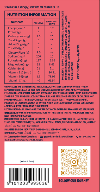 Nutrition information and ingredients label on the back of the Unchained Peach electrolyte drink mix box