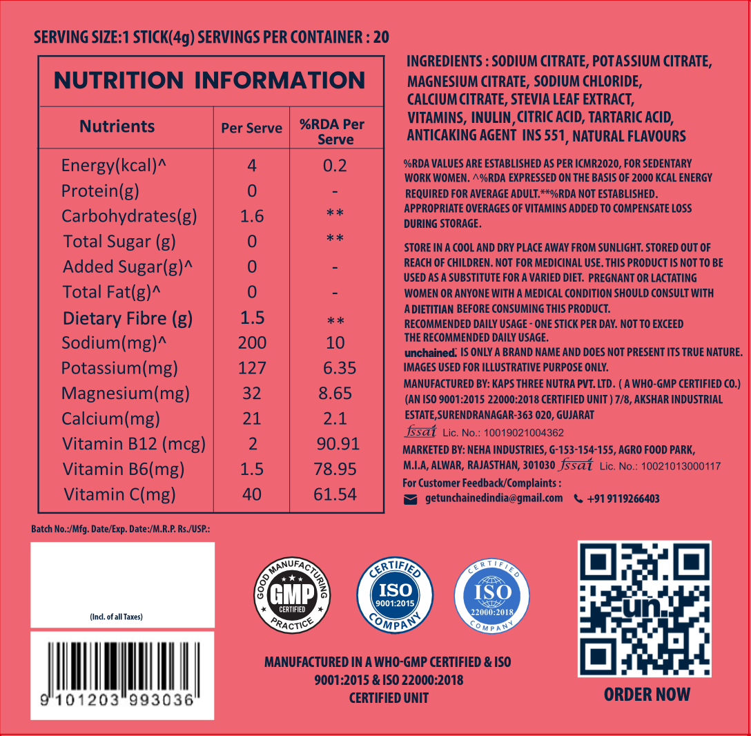 Nutrition information and ingredients label on the back of the Unchained Peach electrolyte drink mix box