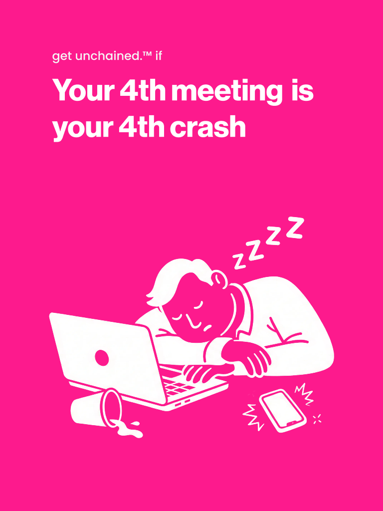 Person sleeping at a laptop with text on a pink background mobile version liveunchained