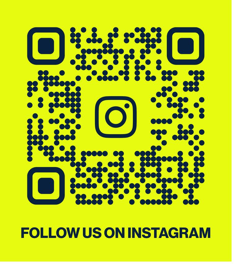 QR code for Instagram on a bright yellow background with text 'FOLLOW US ON INSTAGRAM'.