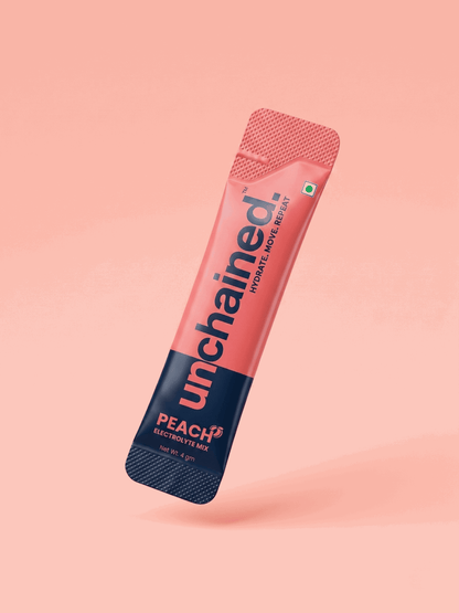 Single serve Unchained Peach electrolyte powder sachet for daily hydration